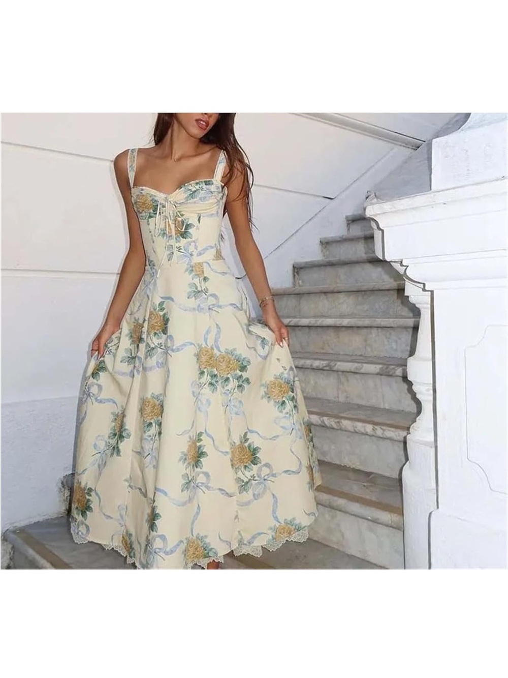 Cream Floral Midi Dress with Blue and Green Print - Medium - Picture 2 of 12